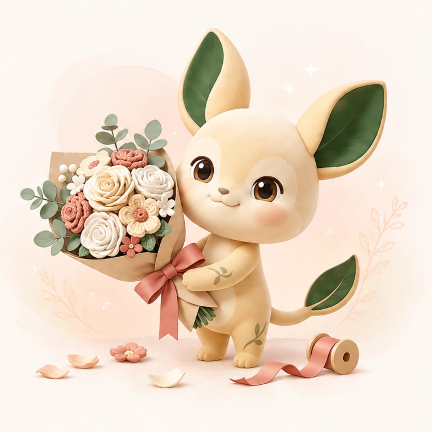 Mayumi handcrafted keepsake bouquet showcase with floral mascot